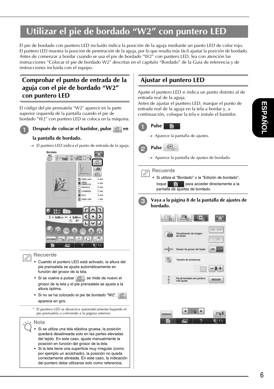 Utilizar el pie de bordado “w2” con puntero led, 6español, Ajustar el puntero led | Baby Lock Ellisimo Gold 2 (BLSOG2) Instruction and Reference Guide Addendum User Manual | Page 17 / 32