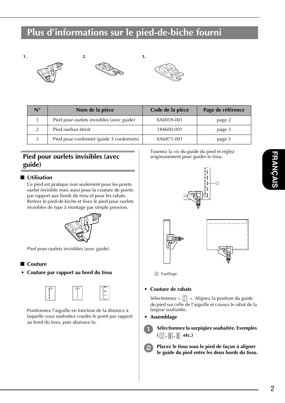 Plus d’informations sur le pied-de-biche fourni, 2français, Pied pour ourlets invisibles (avec guide) | Baby Lock Ellisimo Gold 2 (BLSOG2) Instruction and Reference Guide Addendum User Manual | Page 23 / 32