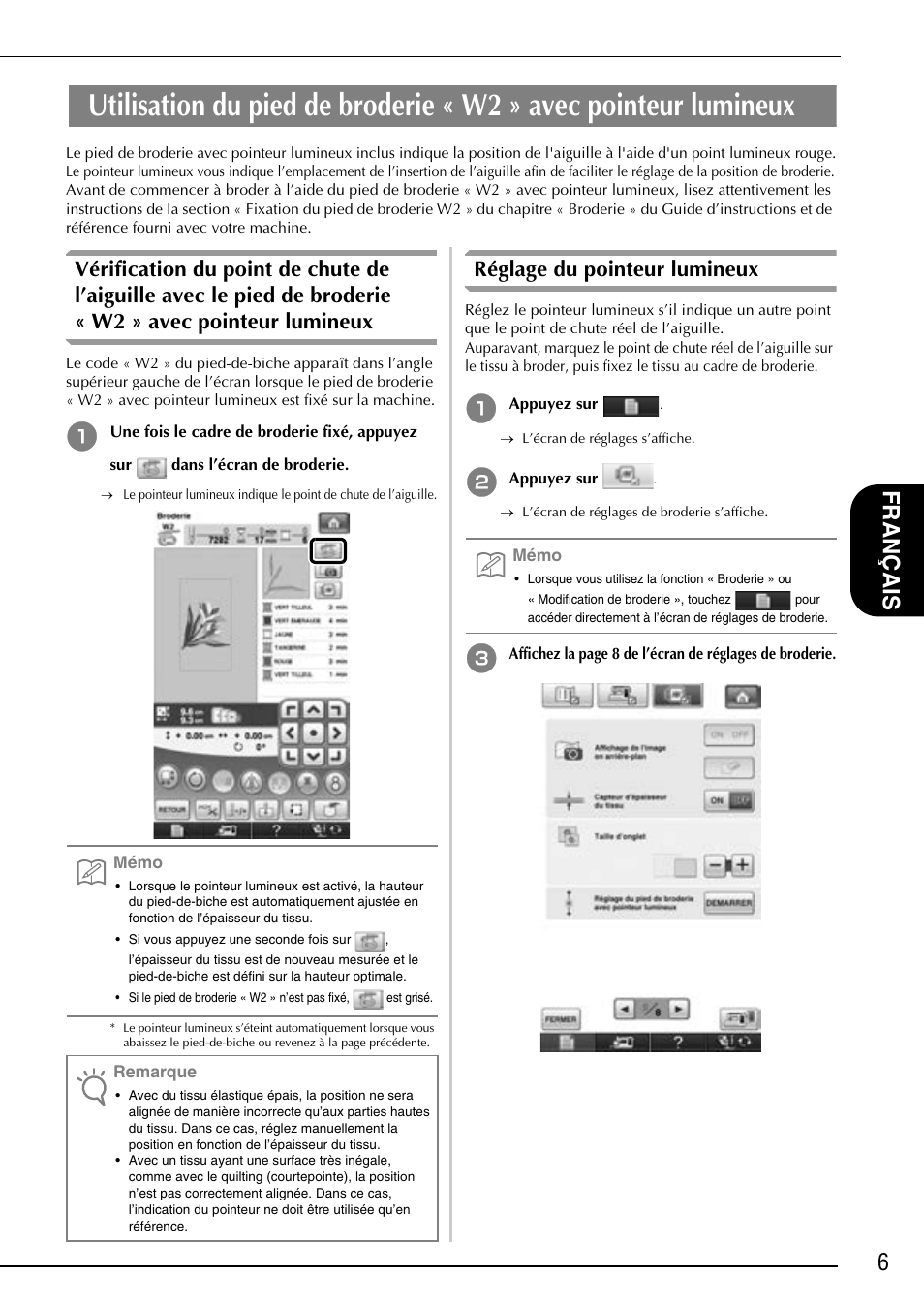 6français, Réglage du pointeur lumineux | Baby Lock Ellisimo Gold 2 (BLSOG2) Instruction and Reference Guide Addendum User Manual | Page 27 / 32