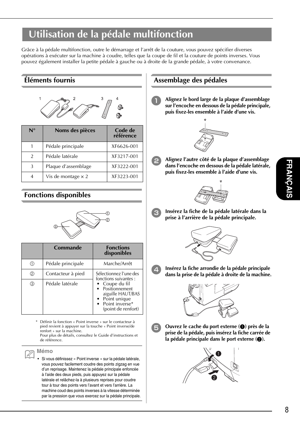 Utilisation de la pédale multifonction, 8français, Éléments fournis fonctions disponibles | Assemblage des pédales | Baby Lock Ellisimo Gold 2 (BLSOG2) Instruction and Reference Guide Addendum User Manual | Page 29 / 32