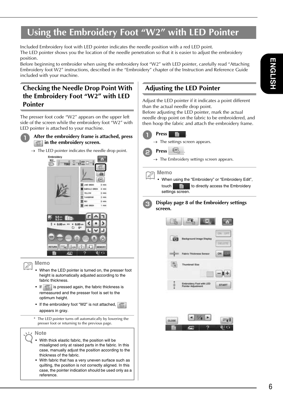 Using the embroidery foot “w2” with led pointer, 6english, Adjusting the led pointer | Baby Lock Ellisimo Gold 2 (BLSOG2) Instruction and Reference Guide Addendum User Manual | Page 7 / 32