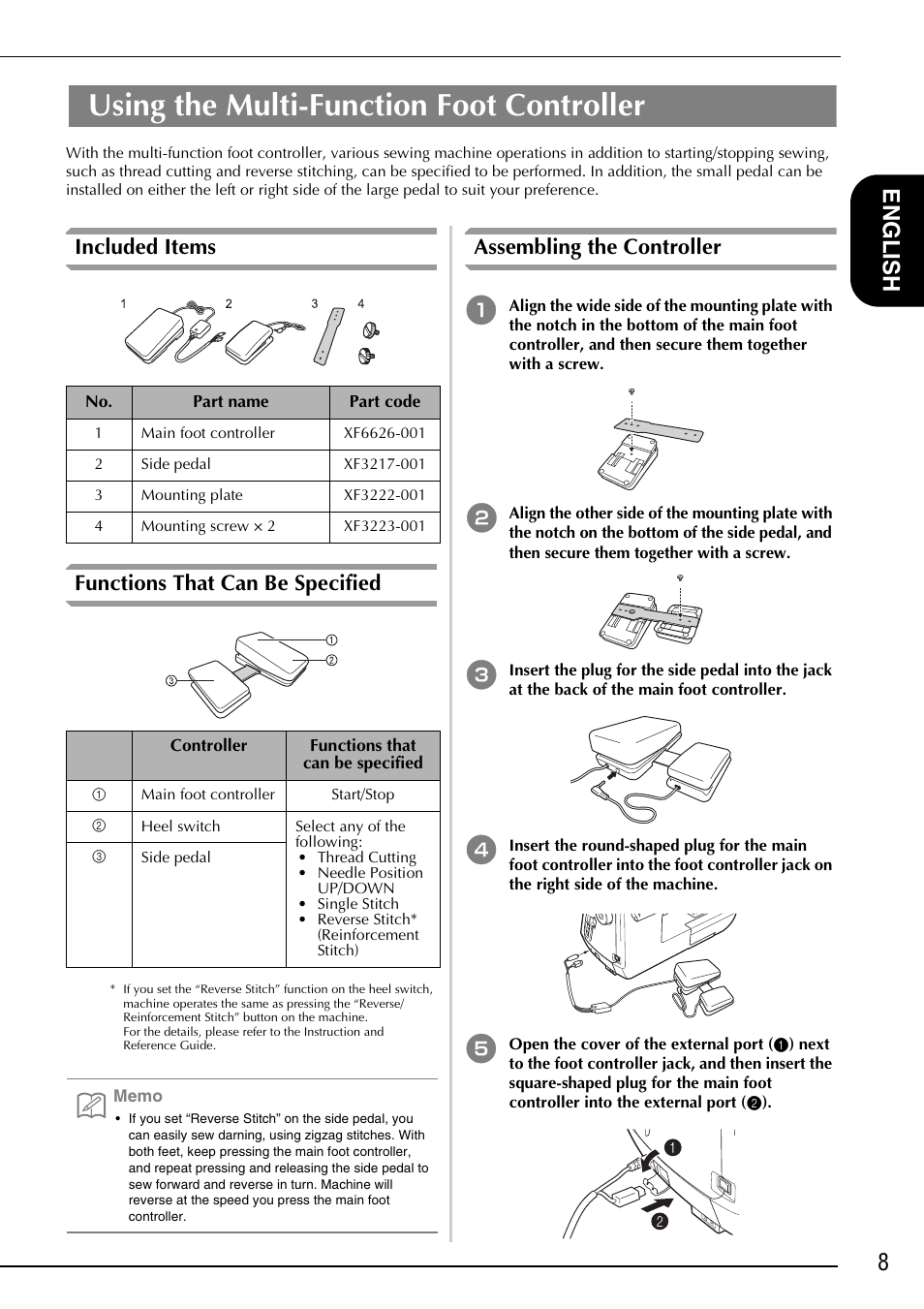 Using the multi-function foot controller, 8english, Included items functions that can be specified | Assembling the controller | Baby Lock Ellisimo Gold 2 (BLSOG2) Instruction and Reference Guide Addendum User Manual | Page 9 / 32