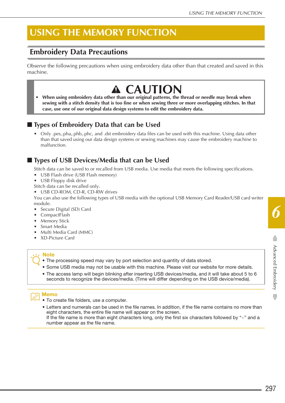 Caution, Embroidery data precautions | Baby Lock Destiny (BLDY) Instruction & Reference Guide-Part2 User Manual | Page 104 / 225