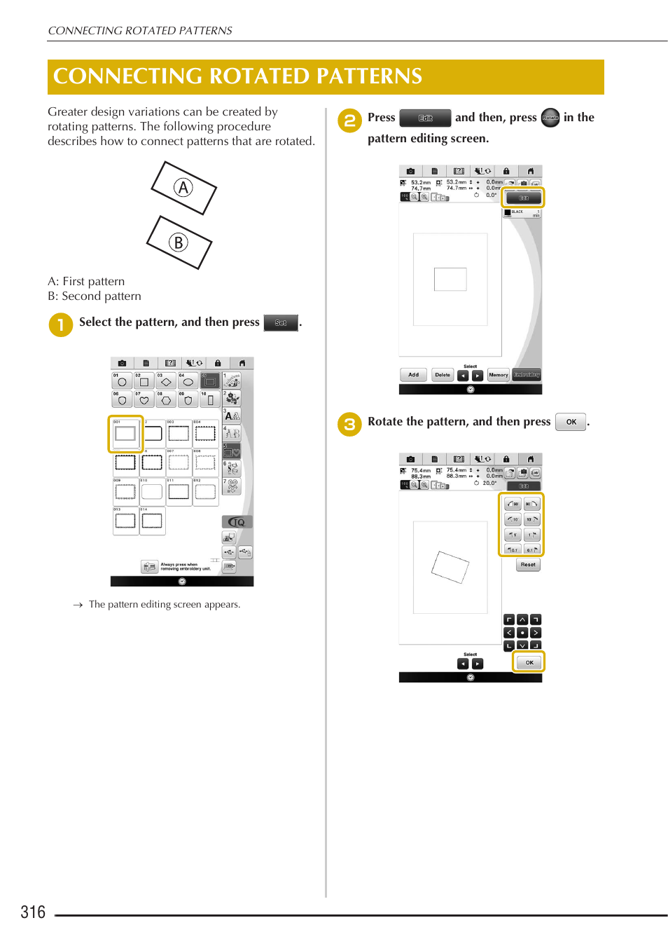 Connecting rotated patterns | Baby Lock Destiny (BLDY) Instruction & Reference Guide-Part2 User Manual | Page 123 / 225