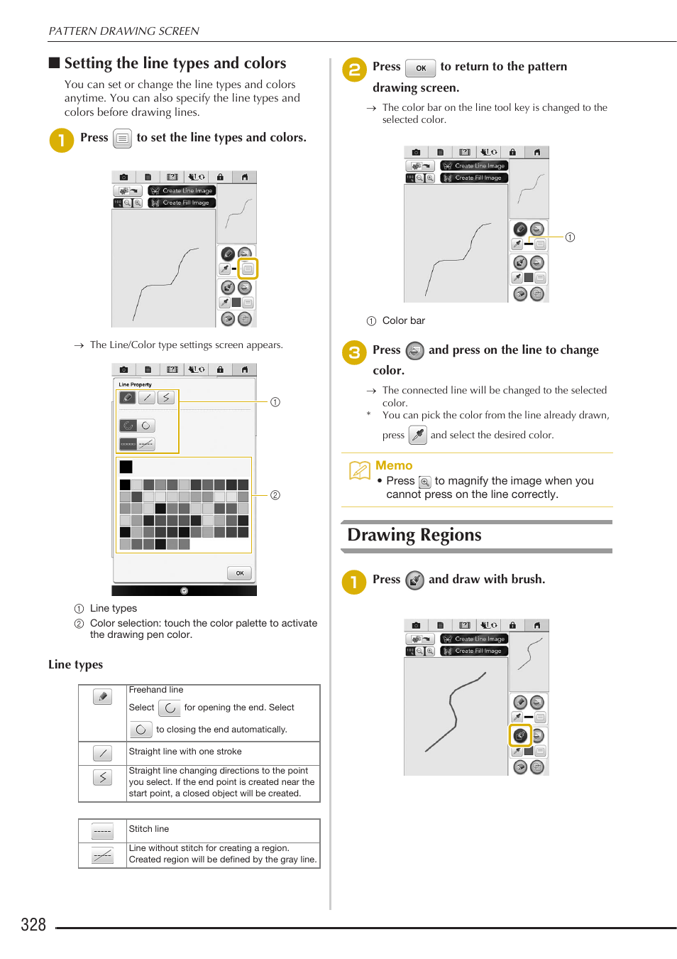 Drawing regions, Setting the line types and colors | Baby Lock Destiny (BLDY) Instruction & Reference Guide-Part2 User Manual | Page 135 / 225