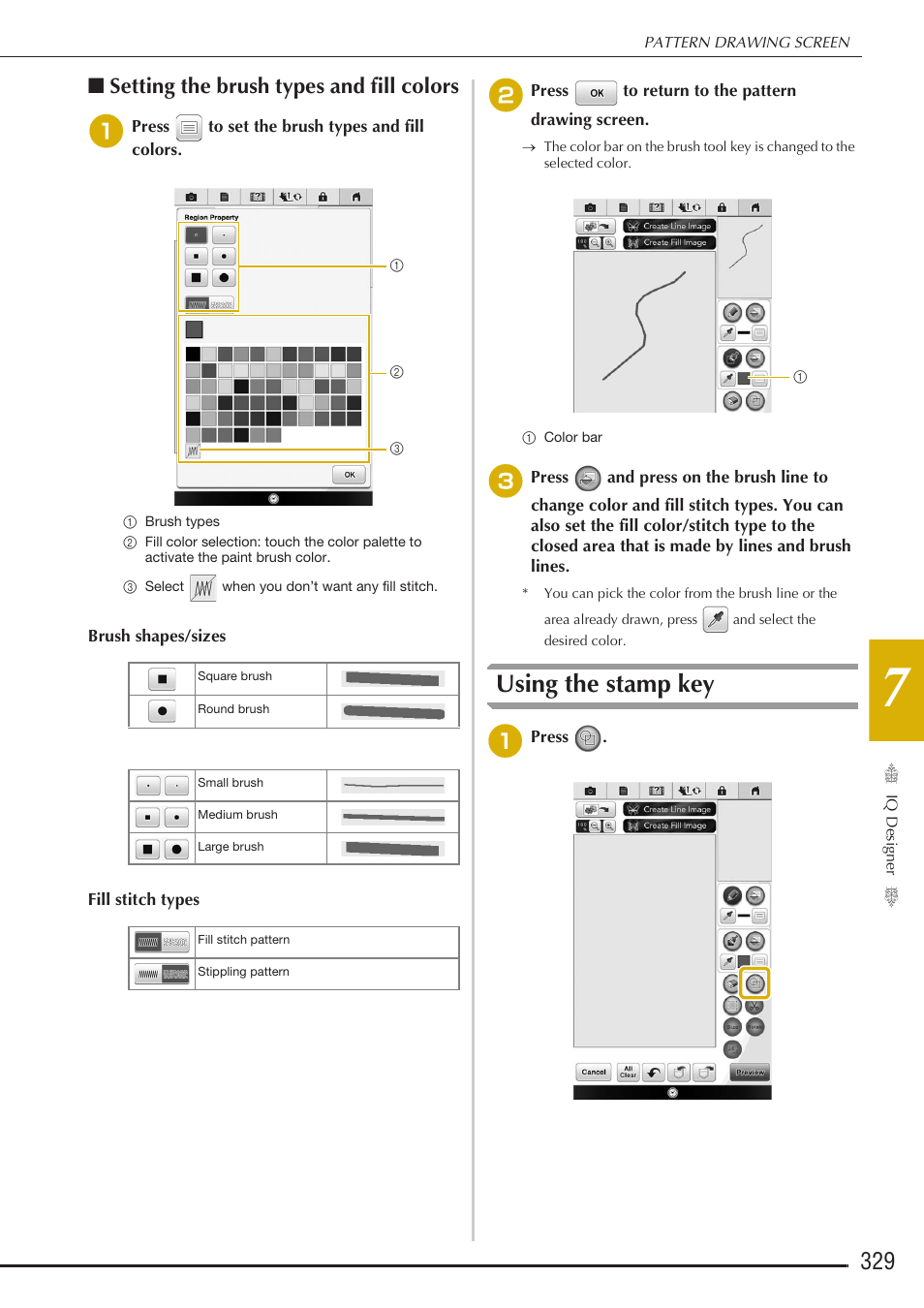 Using the stamp key, Setting the brush types and fill colors | Baby Lock Destiny (BLDY) Instruction & Reference Guide-Part2 User Manual | Page 136 / 225