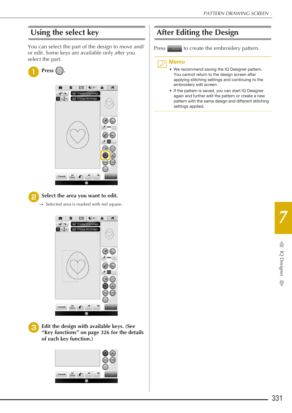 Using the select key, After editing the design | Baby Lock Destiny (BLDY) Instruction & Reference Guide-Part2 User Manual | Page 138 / 225