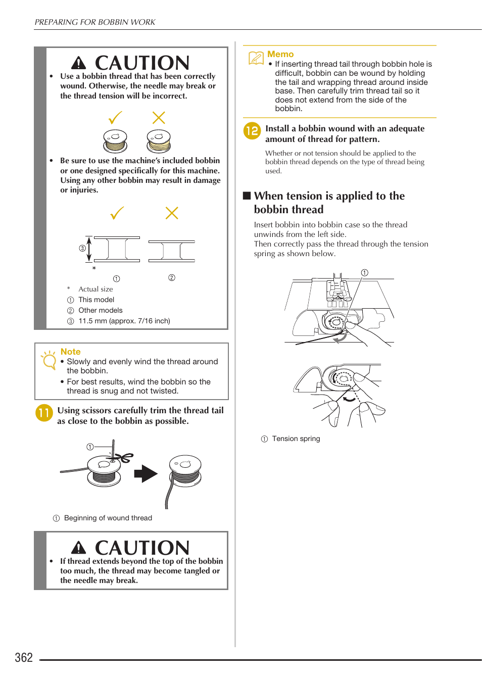 Caution, When tension is applied to the bobbin thread | Baby Lock Destiny (BLDY) Instruction & Reference Guide-Part2 User Manual | Page 169 / 225