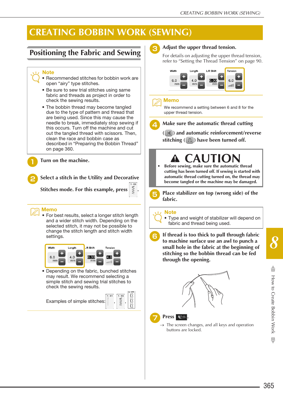 Caution, Creating bobbin work (sewing), Positioning the fabric and sewing | Baby Lock Destiny (BLDY) Instruction & Reference Guide-Part2 User Manual | Page 172 / 225