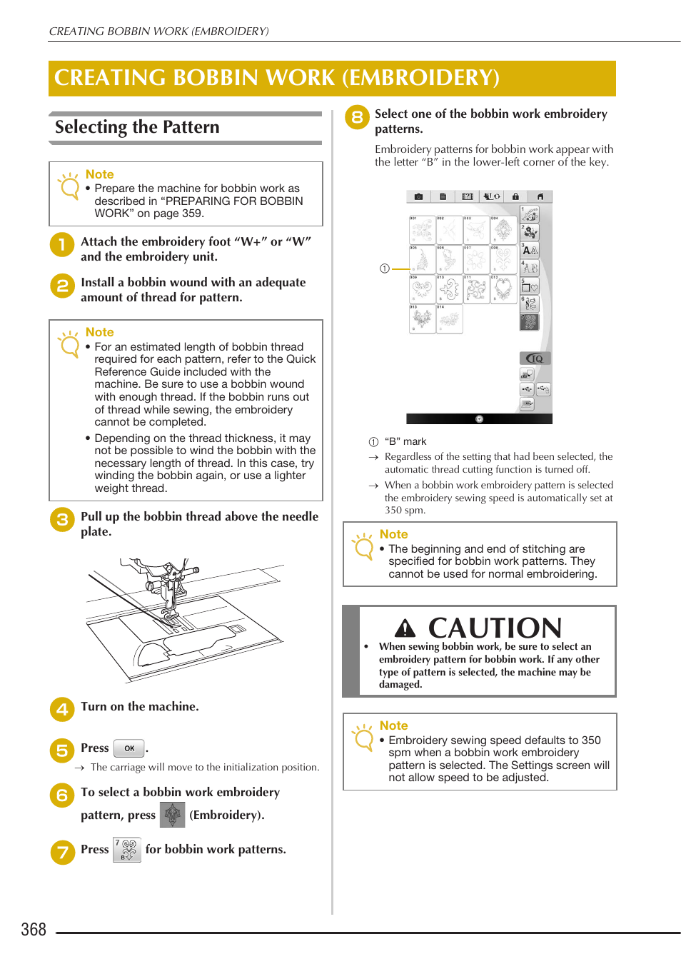 Caution, Creating bobbin work (embroidery), Selecting the pattern | Baby Lock Destiny (BLDY) Instruction & Reference Guide-Part2 User Manual | Page 175 / 225