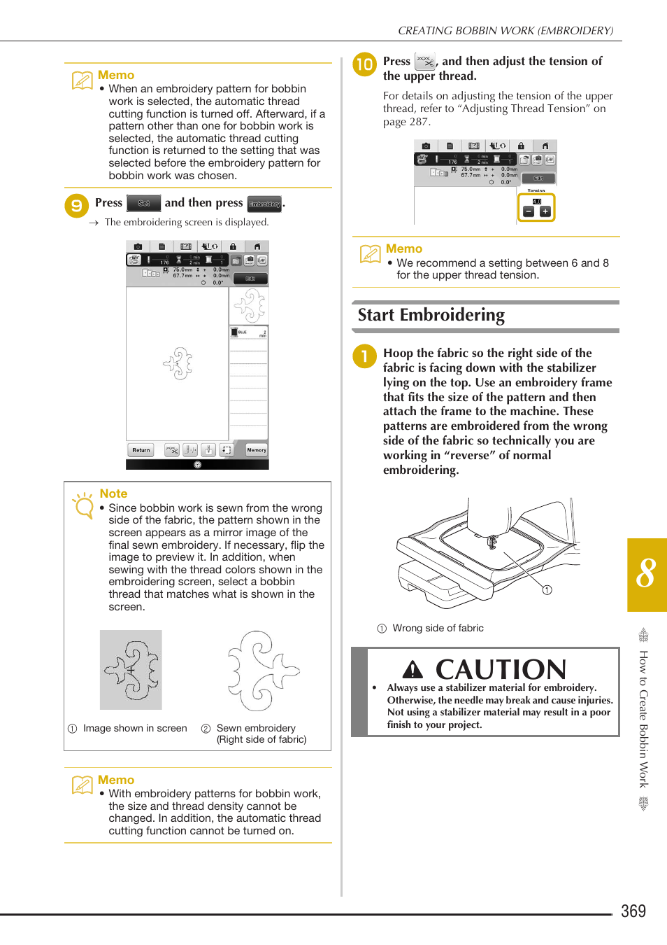 Caution, Start embroidering | Baby Lock Destiny (BLDY) Instruction & Reference Guide-Part2 User Manual | Page 176 / 225