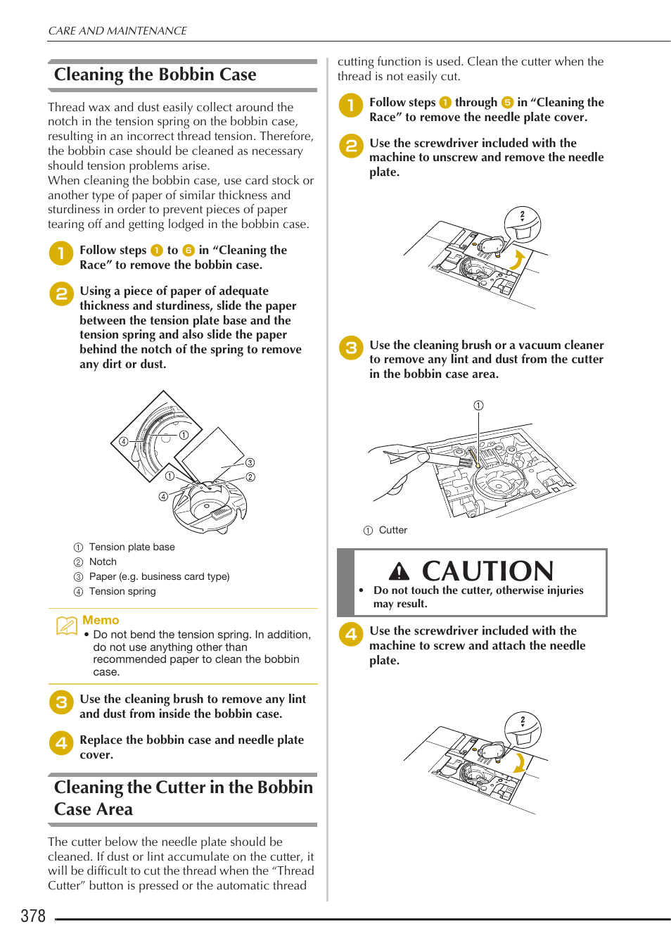 Caution, Cleaning the bobbin case, Cleaning the cutter in the bobbin case area | Baby Lock Destiny (BLDY) Instruction & Reference Guide-Part2 User Manual | Page 185 / 225