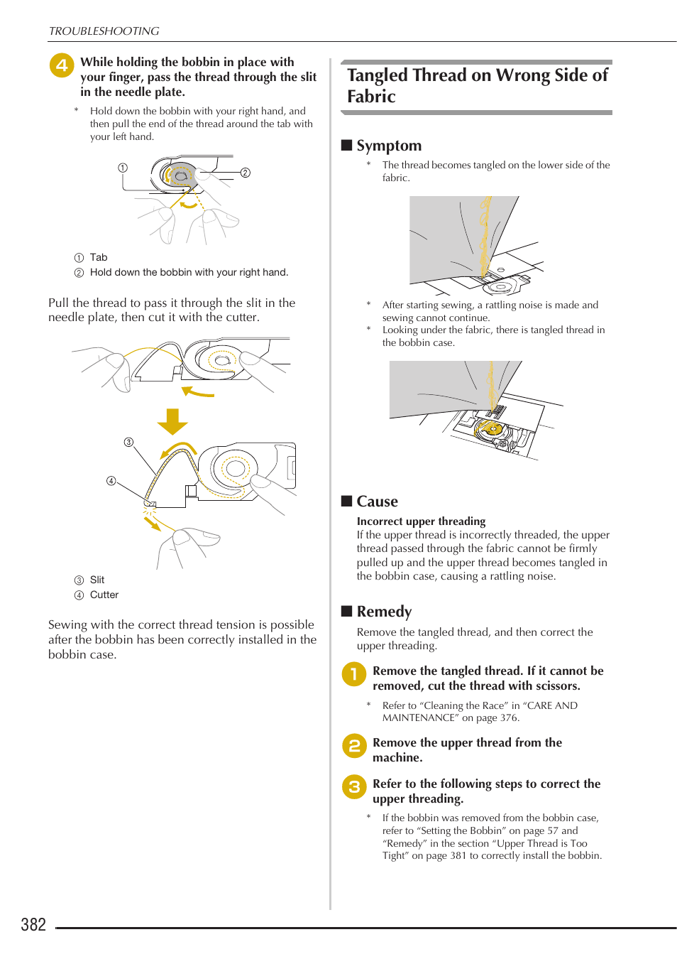 Tangled thread on wrong side of fabric, Symptom, Cause | Remedy | Baby Lock Destiny (BLDY) Instruction & Reference Guide-Part2 User Manual | Page 189 / 225