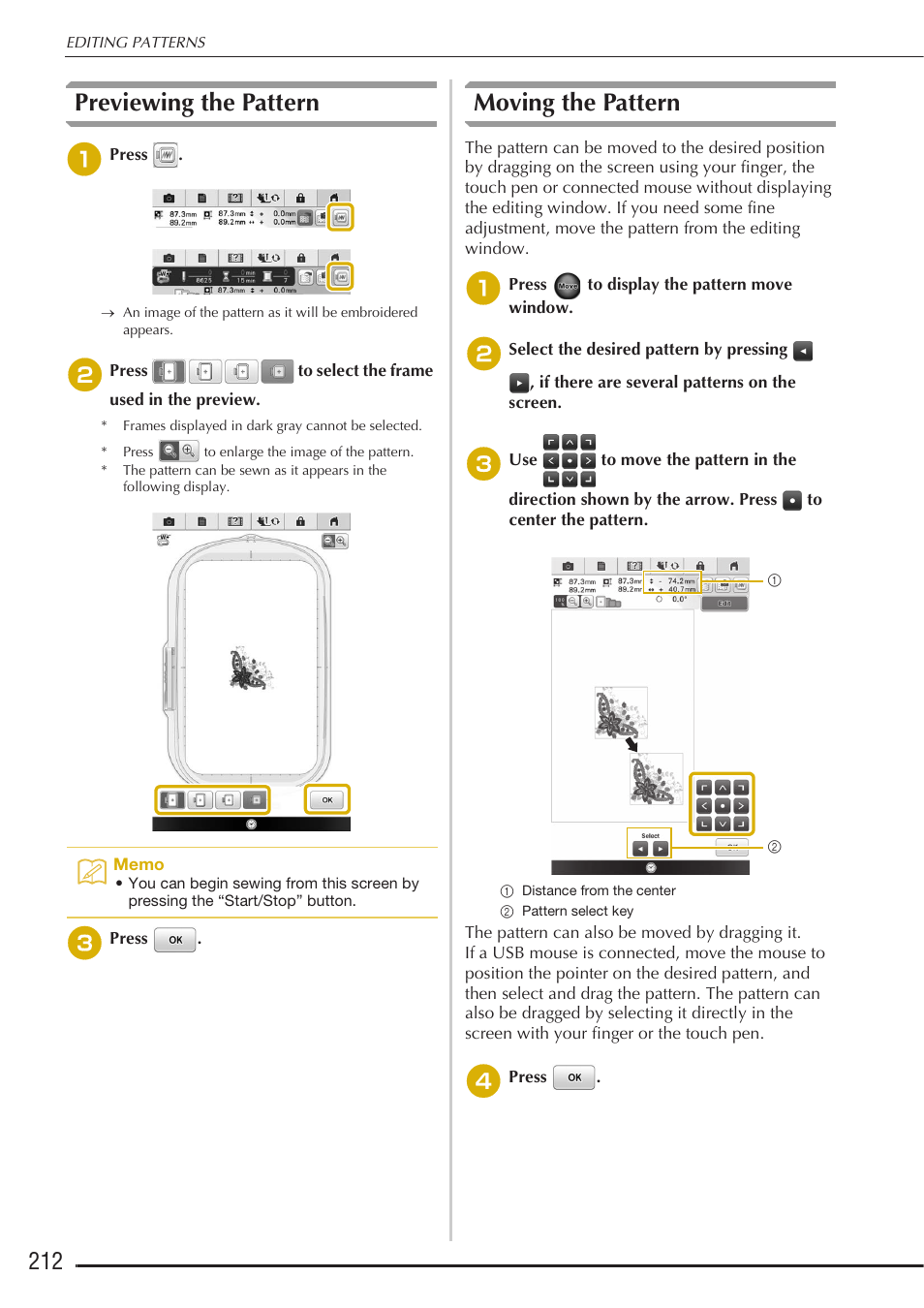 Previewing the pattern, Moving the pattern | Baby Lock Destiny (BLDY) Instruction & Reference Guide-Part2 User Manual | Page 19 / 225