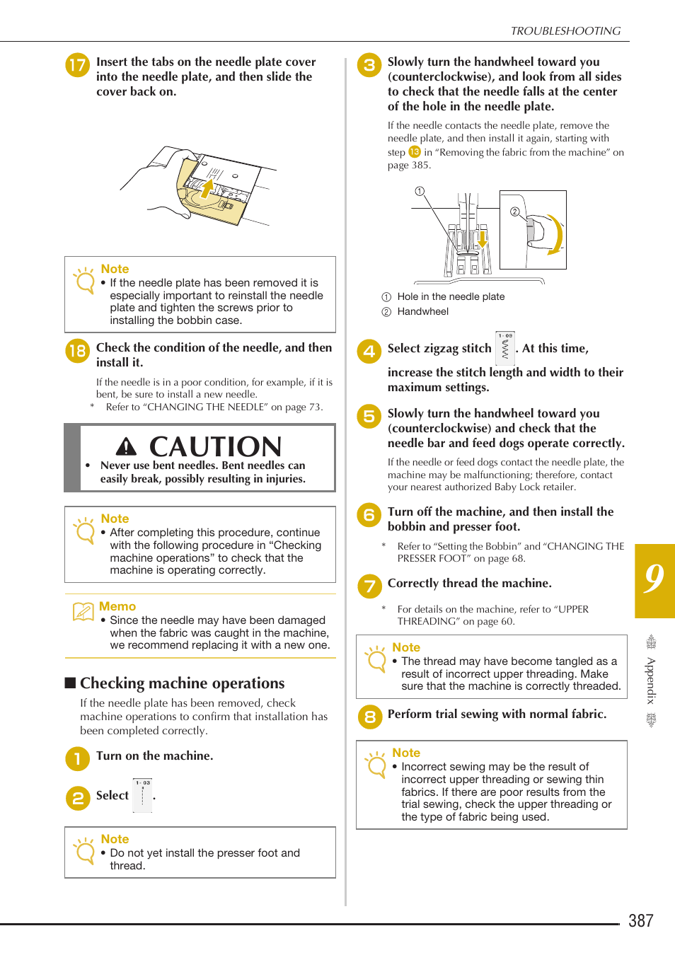 Caution, Checking machine operations | Baby Lock Destiny (BLDY) Instruction & Reference Guide-Part2 User Manual | Page 194 / 225