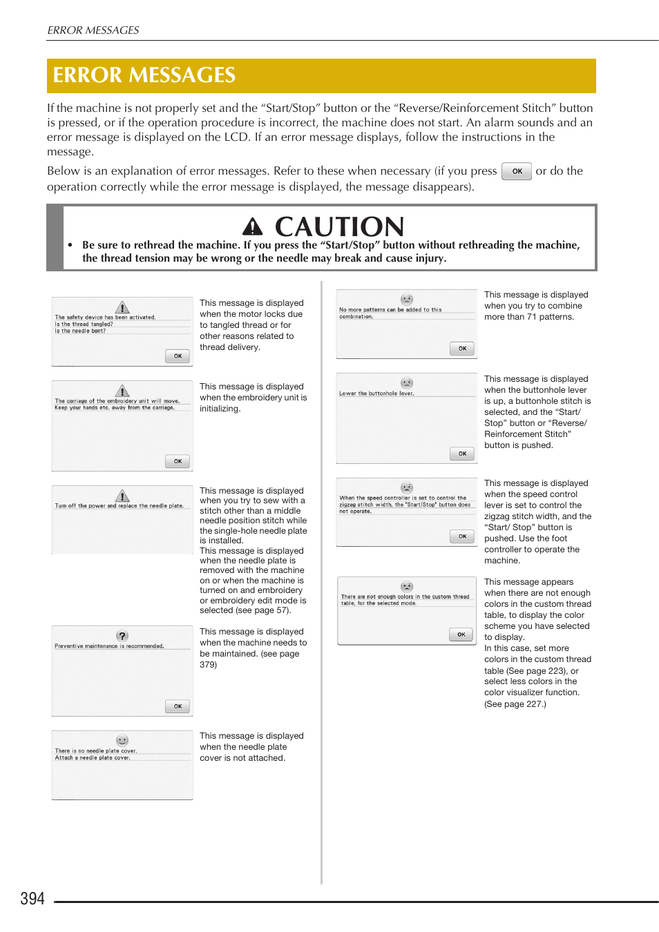 Caution, Error messages | Baby Lock Destiny (BLDY) Instruction & Reference Guide-Part2 User Manual | Page 201 / 225