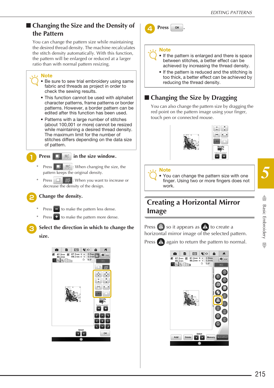 Creating a horizontal mirror image, Changing the size and the density of the pattern, Changing the size by dragging | Baby Lock Destiny (BLDY) Instruction & Reference Guide-Part2 User Manual | Page 22 / 225