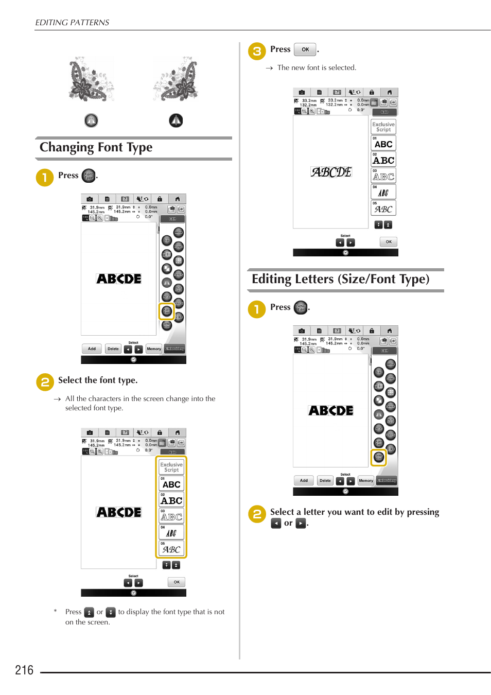 Changing font type, Editing letters (size/font type) | Baby Lock Destiny (BLDY) Instruction & Reference Guide-Part2 User Manual | Page 23 / 225