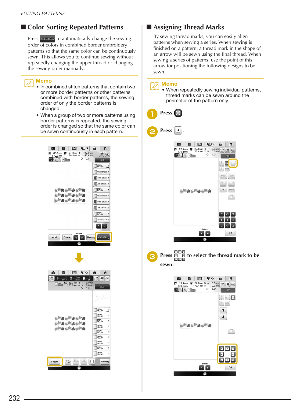 Color sorting repeated patterns, Assigning thread marks | Baby Lock Destiny (BLDY) Instruction & Reference Guide-Part2 User Manual | Page 39 / 225