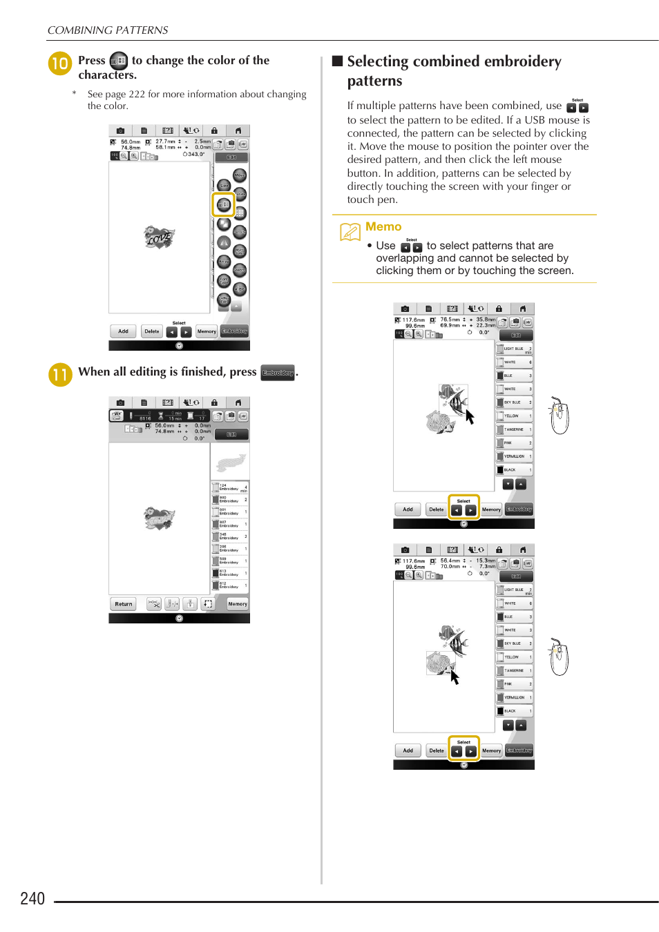 Selecting combined embroidery patterns | Baby Lock Destiny (BLDY) Instruction & Reference Guide-Part2 User Manual | Page 47 / 225