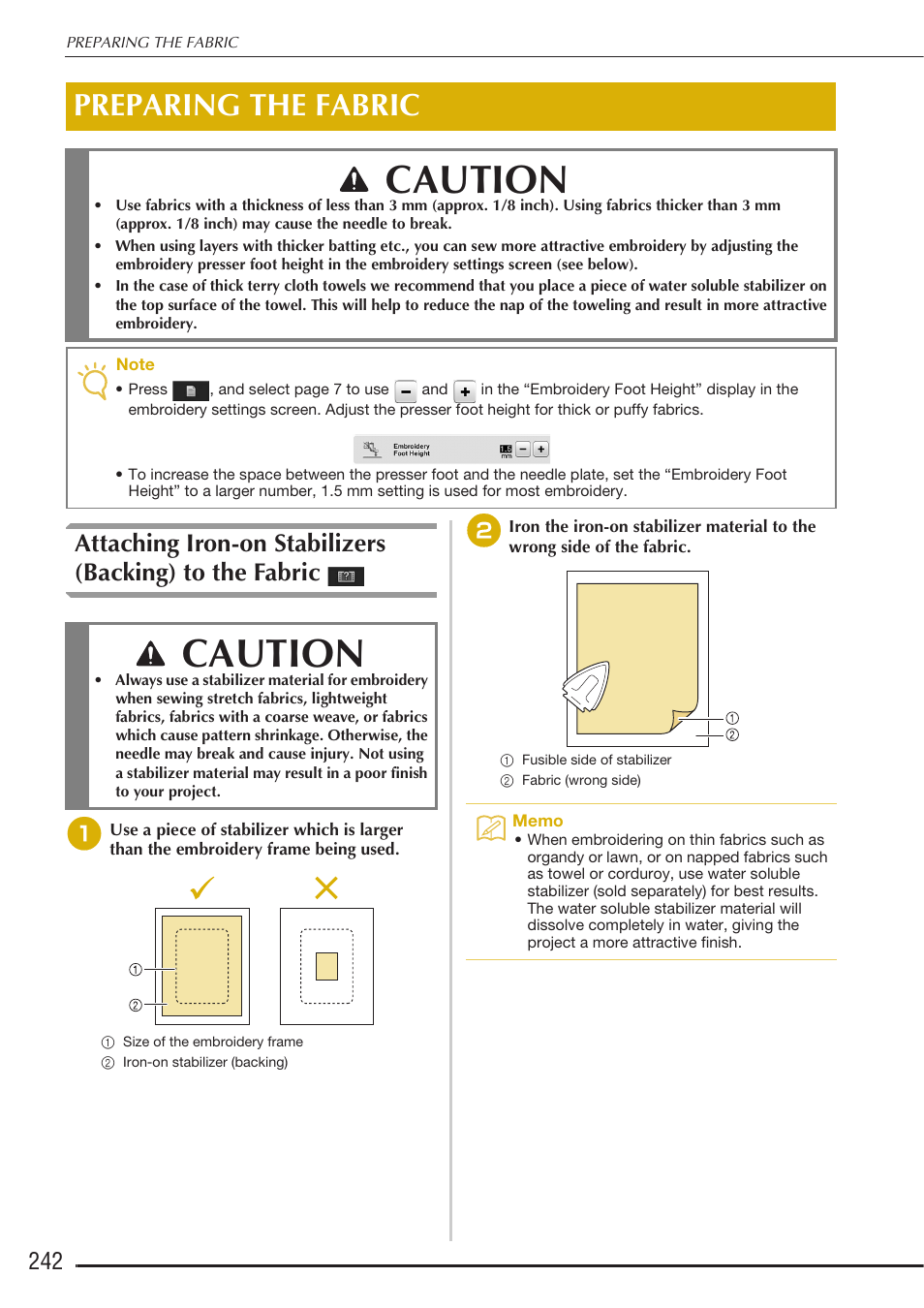 Caution, Preparing the fabric | Baby Lock Destiny (BLDY) Instruction & Reference Guide-Part2 User Manual | Page 49 / 225