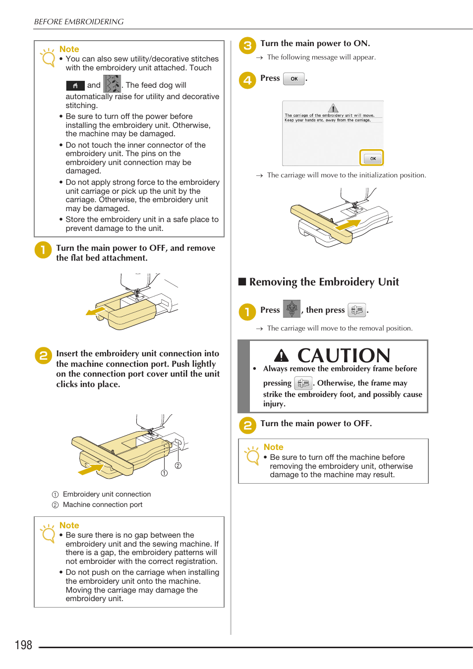 Caution, Removing the embroidery unit | Baby Lock Destiny (BLDY) Instruction & Reference Guide-Part2 User Manual | Page 5 / 225