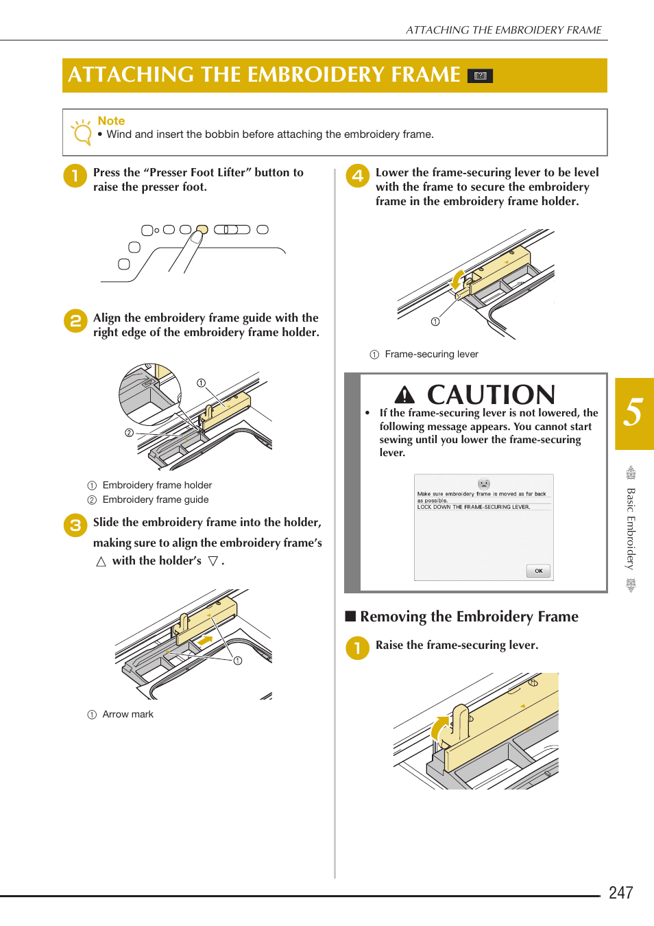 Caution, Attaching the embroidery frame | Baby Lock Destiny (BLDY) Instruction & Reference Guide-Part2 User Manual | Page 54 / 225