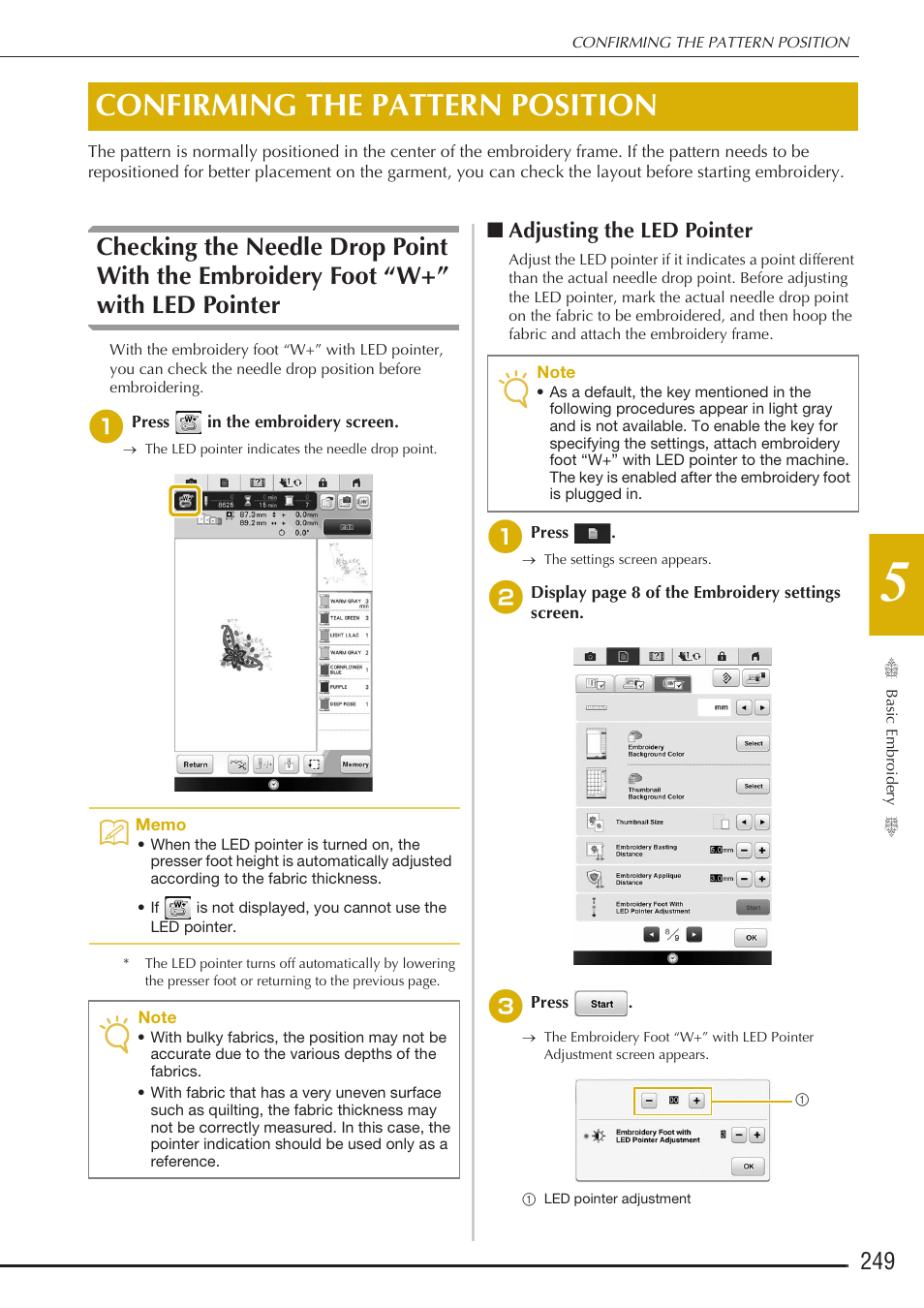 Confirming the pattern position, Adjusting the led pointer | Baby Lock Destiny (BLDY) Instruction & Reference Guide-Part2 User Manual | Page 56 / 225