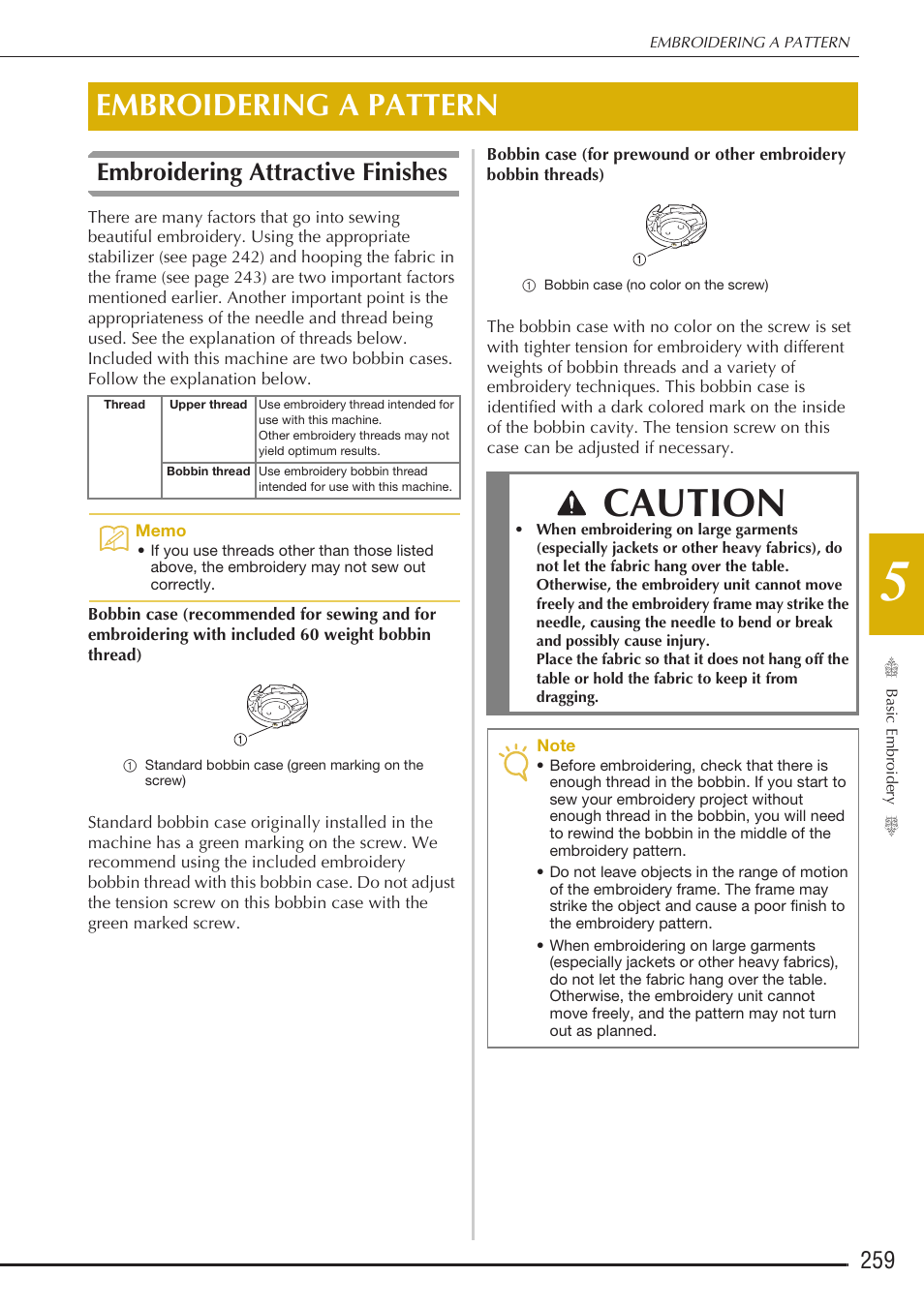 Caution, Embroidering a pattern, Embroidering attractive finishes | Baby Lock Destiny (BLDY) Instruction & Reference Guide-Part2 User Manual | Page 66 / 225