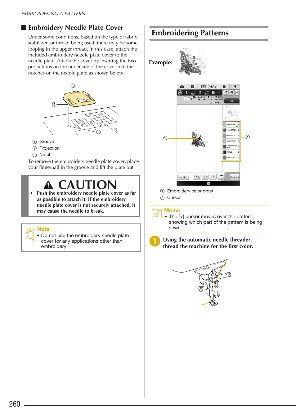 Caution, Embroidering patterns, Embroidery needle plate cover | Baby Lock Destiny (BLDY) Instruction & Reference Guide-Part2 User Manual | Page 67 / 225