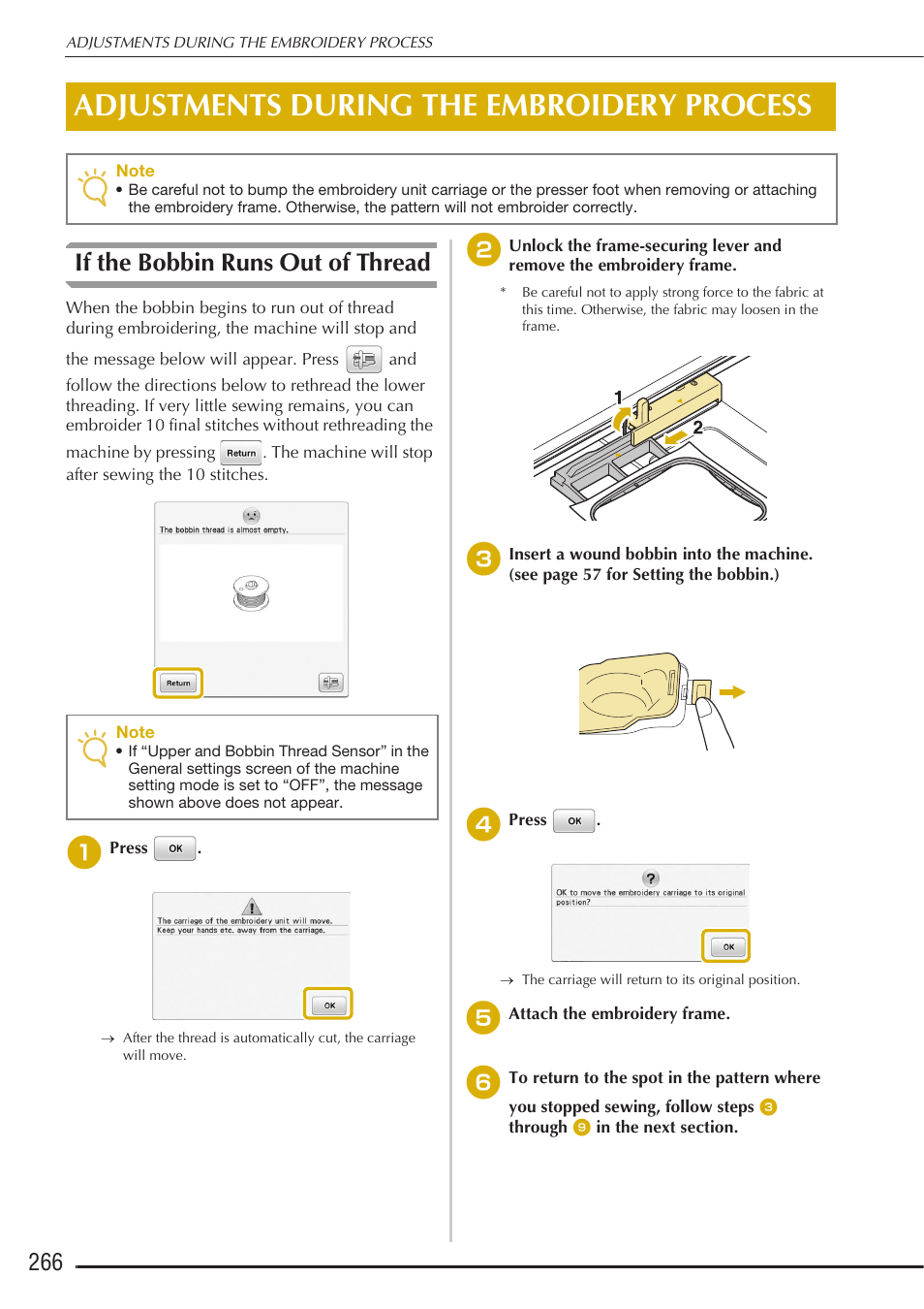 Adjustments during the embroidery process, If the bobbin runs out of thread | Baby Lock Destiny (BLDY) Instruction & Reference Guide-Part2 User Manual | Page 73 / 225