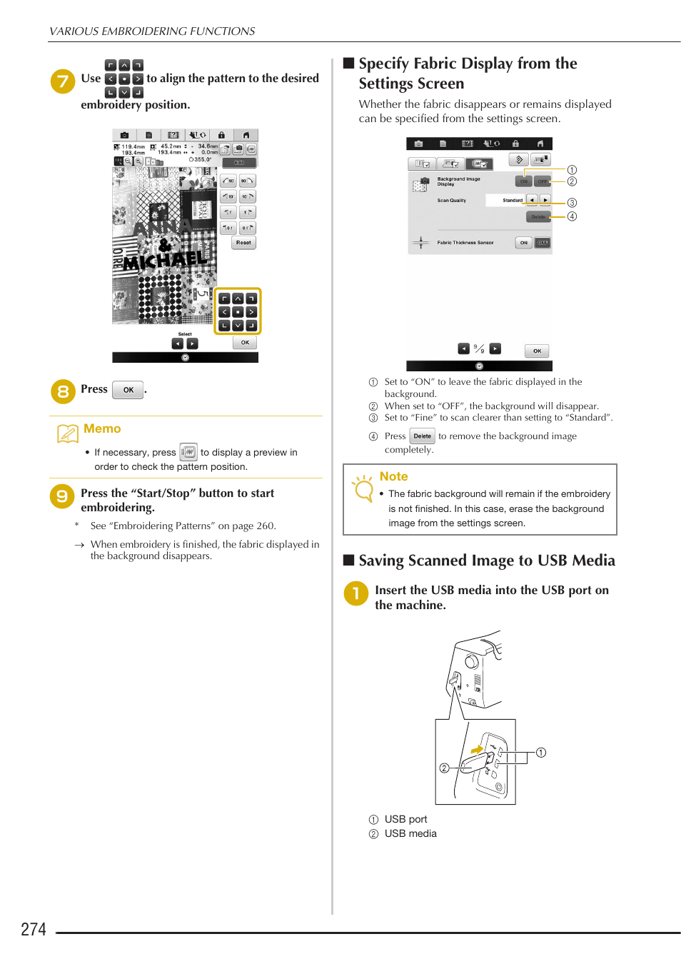 Specify fabric display from the settings screen, Saving scanned image to usb media | Baby Lock Destiny (BLDY) Instruction & Reference Guide-Part2 User Manual | Page 81 / 225