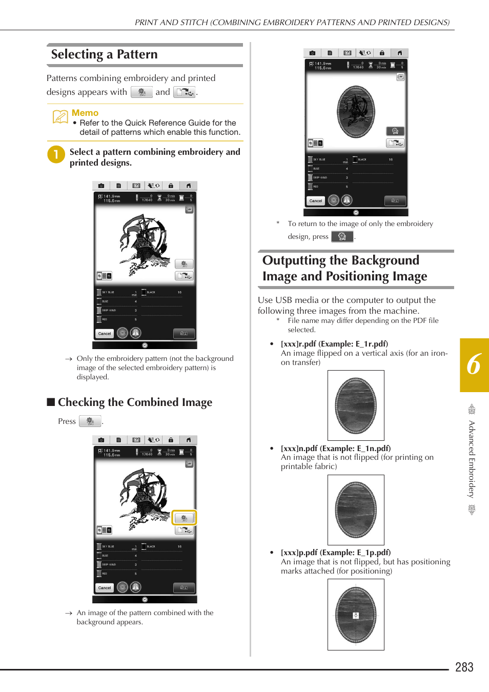 Selecting a pattern, Checking the combined image | Baby Lock Destiny (BLDY) Instruction & Reference Guide-Part2 User Manual | Page 90 / 225