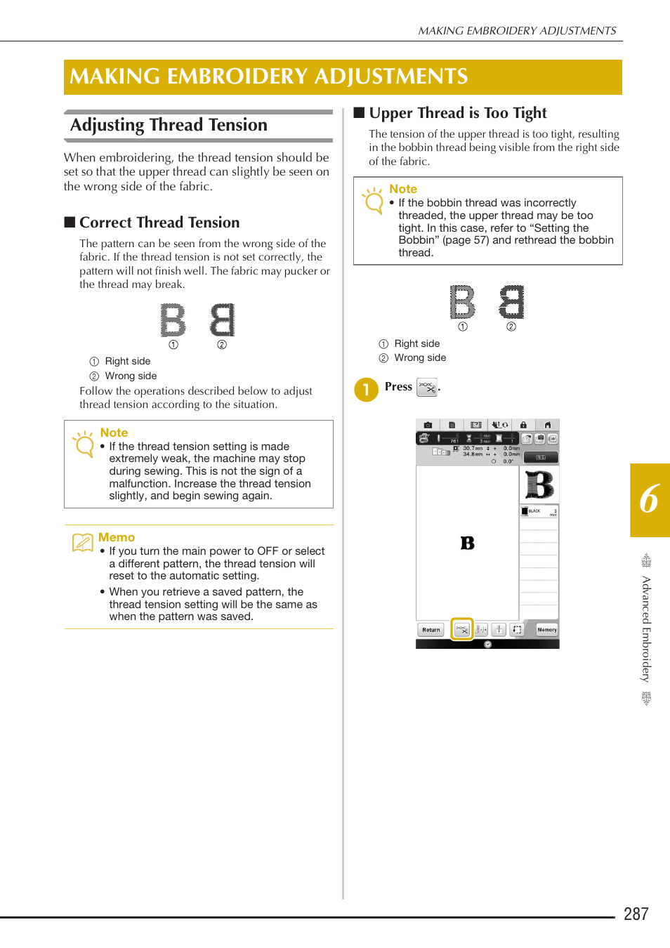 Making embroidery adjustments, Adjusting thread tension, Correct thread tension | Upper thread is too tight | Baby Lock Destiny (BLDY) Instruction & Reference Guide-Part2 User Manual | Page 94 / 225