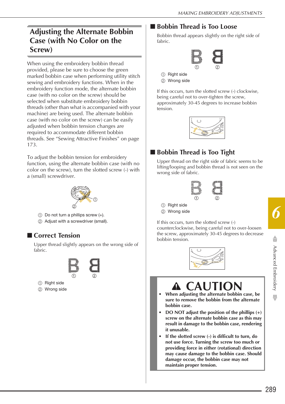 Caution, Correct tension, Bobbin thread is too loose | Bobbin thread is too tight | Baby Lock Destiny (BLDY) Instruction & Reference Guide-Part2 User Manual | Page 96 / 225