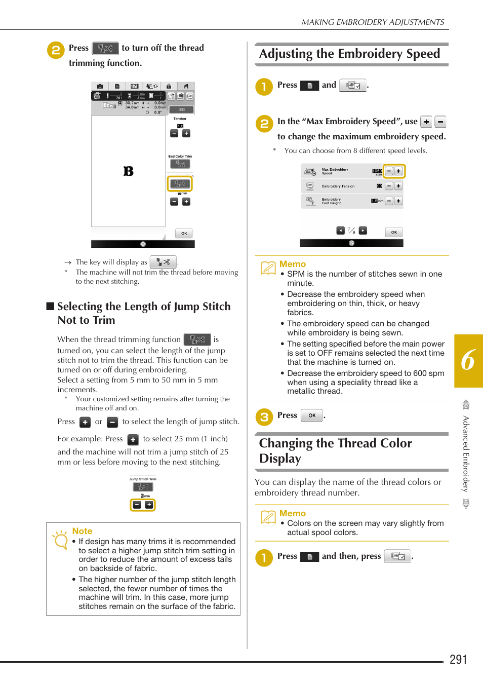 Adjusting the embroidery speed, Changing the thread color display, Selecting the length of jump stitch not to trim | Baby Lock Destiny (BLDY) Instruction & Reference Guide-Part2 User Manual | Page 98 / 225