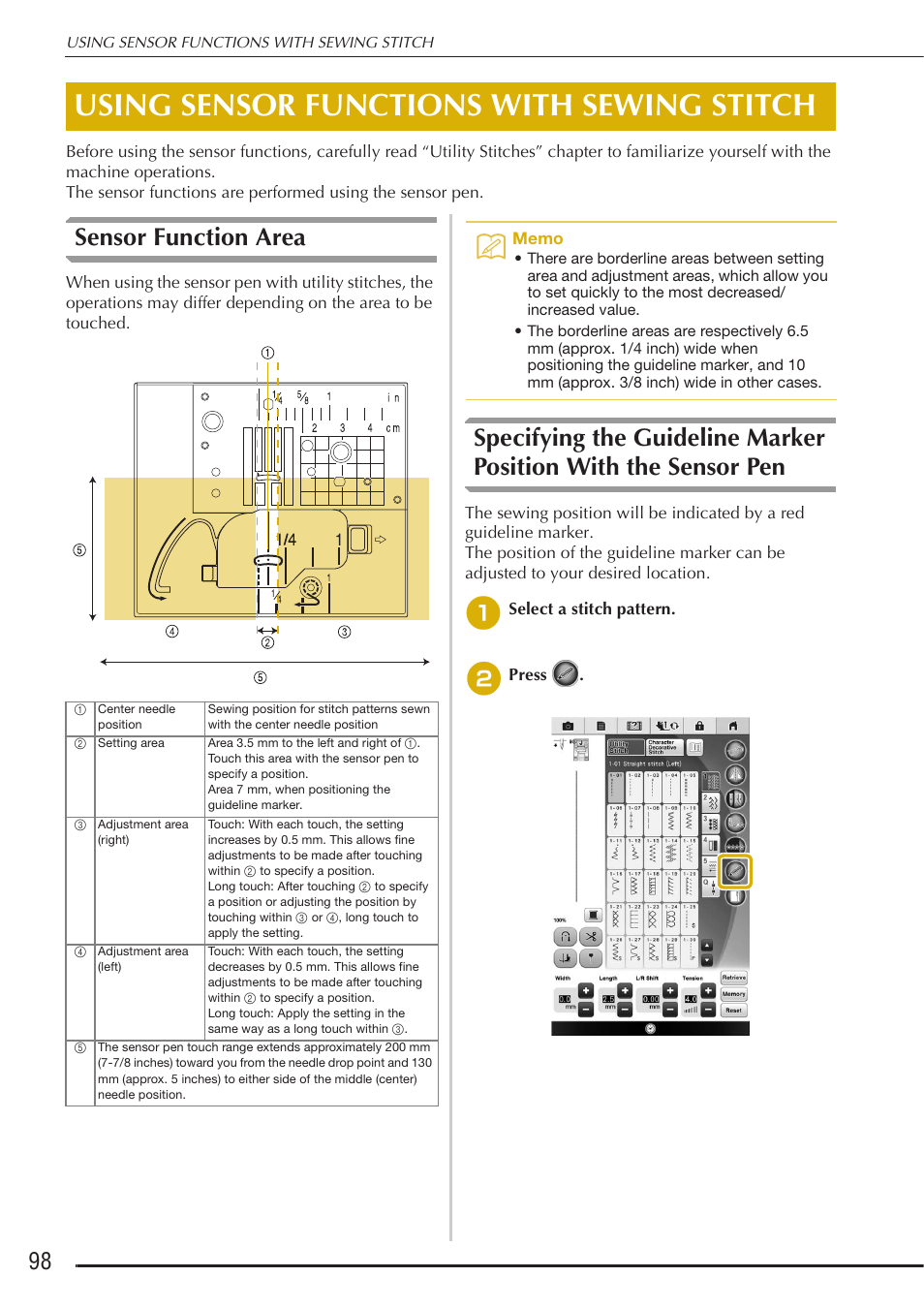 Using sensor functions with sewing stitch, Sensor function area | Baby Lock Destiny (BLDY) Instruction & Reference Guide-Part1 User Manual | Page 100 / 196