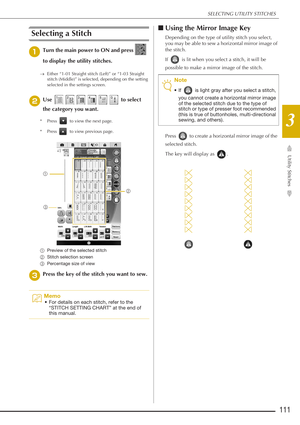Selecting a stitch, Using the mirror image key | Baby Lock Destiny (BLDY) Instruction & Reference Guide-Part1 User Manual | Page 113 / 196