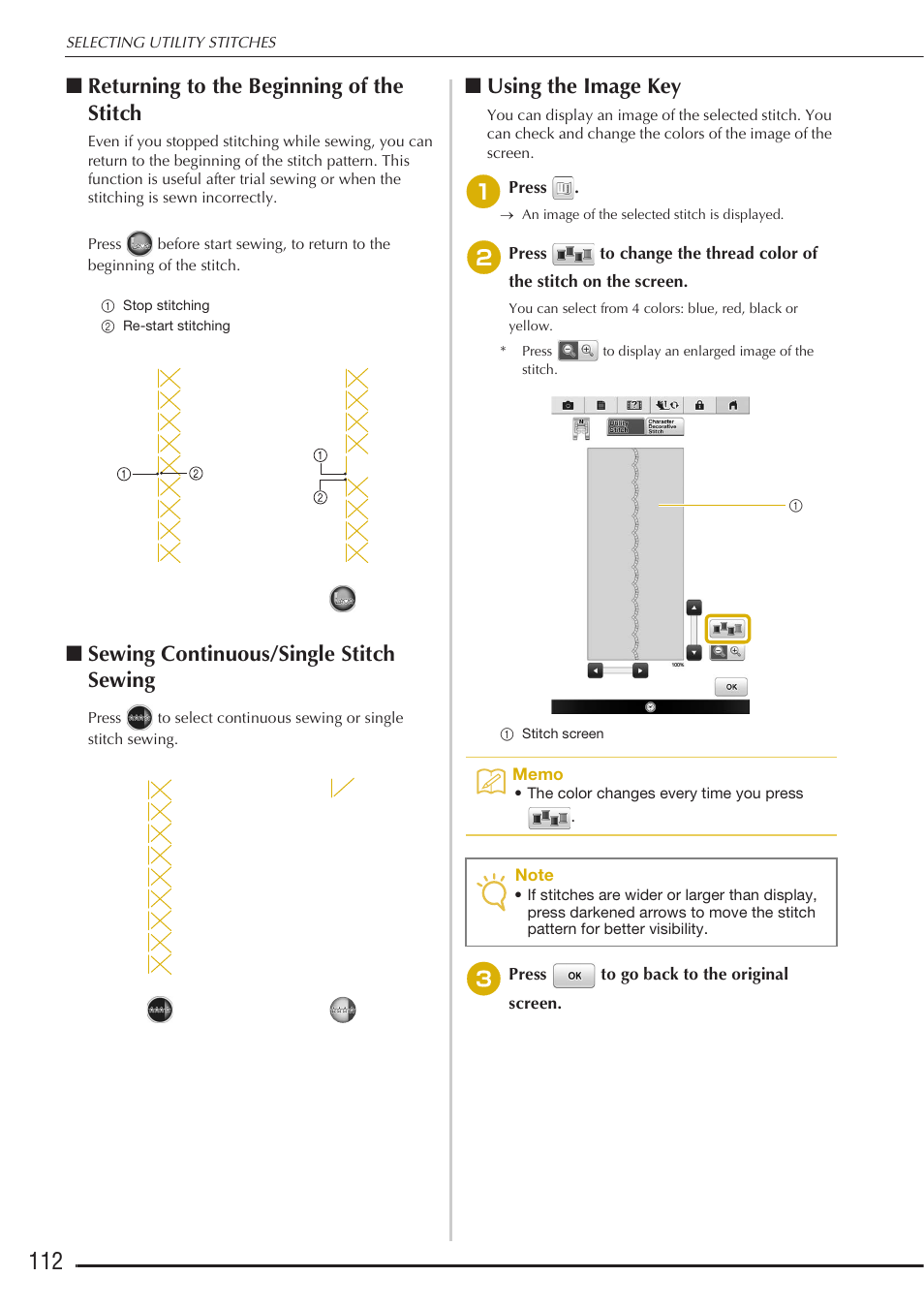 Returning to the beginning of the stitch, Sewing continuous/single stitch sewing, Using the image key | Baby Lock Destiny (BLDY) Instruction & Reference Guide-Part1 User Manual | Page 114 / 196