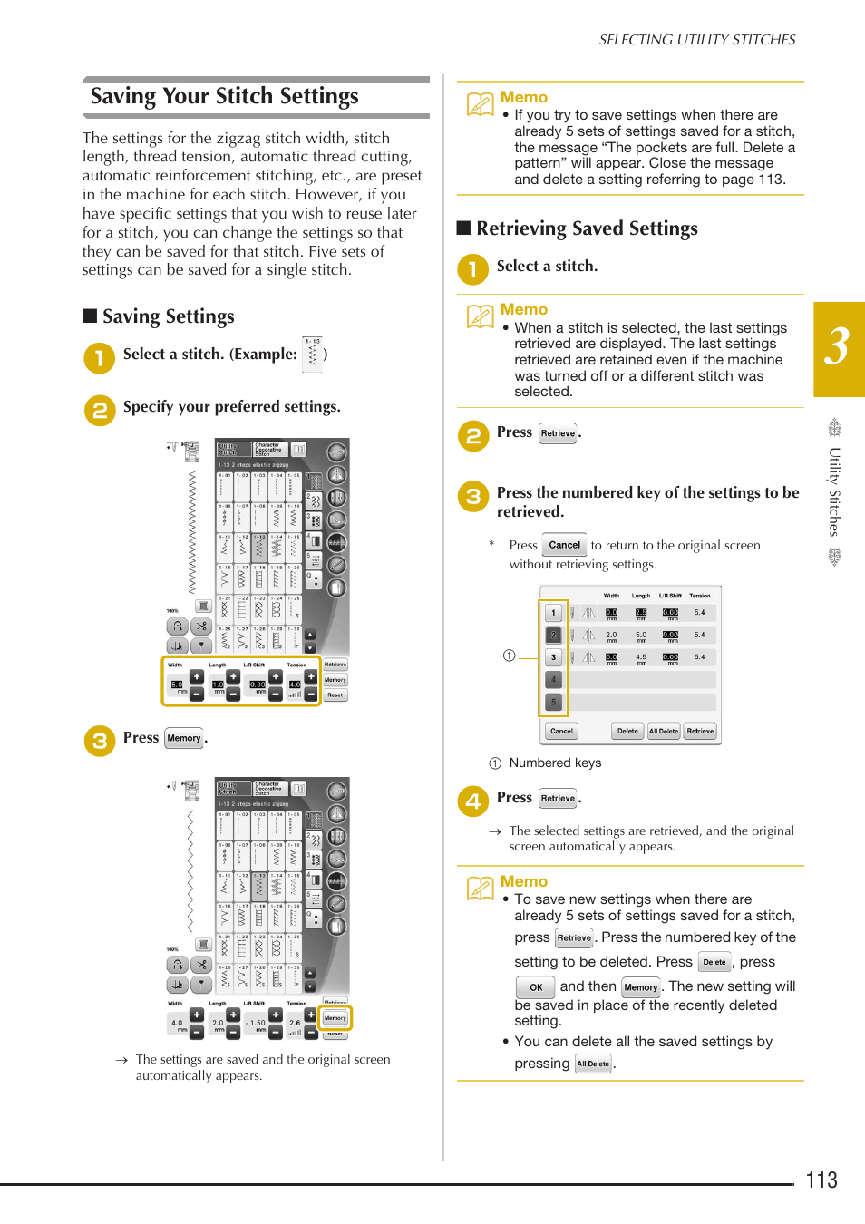 Saving your stitch settings, Saving settings, Retrieving saved settings | Baby Lock Destiny (BLDY) Instruction & Reference Guide-Part1 User Manual | Page 115 / 196