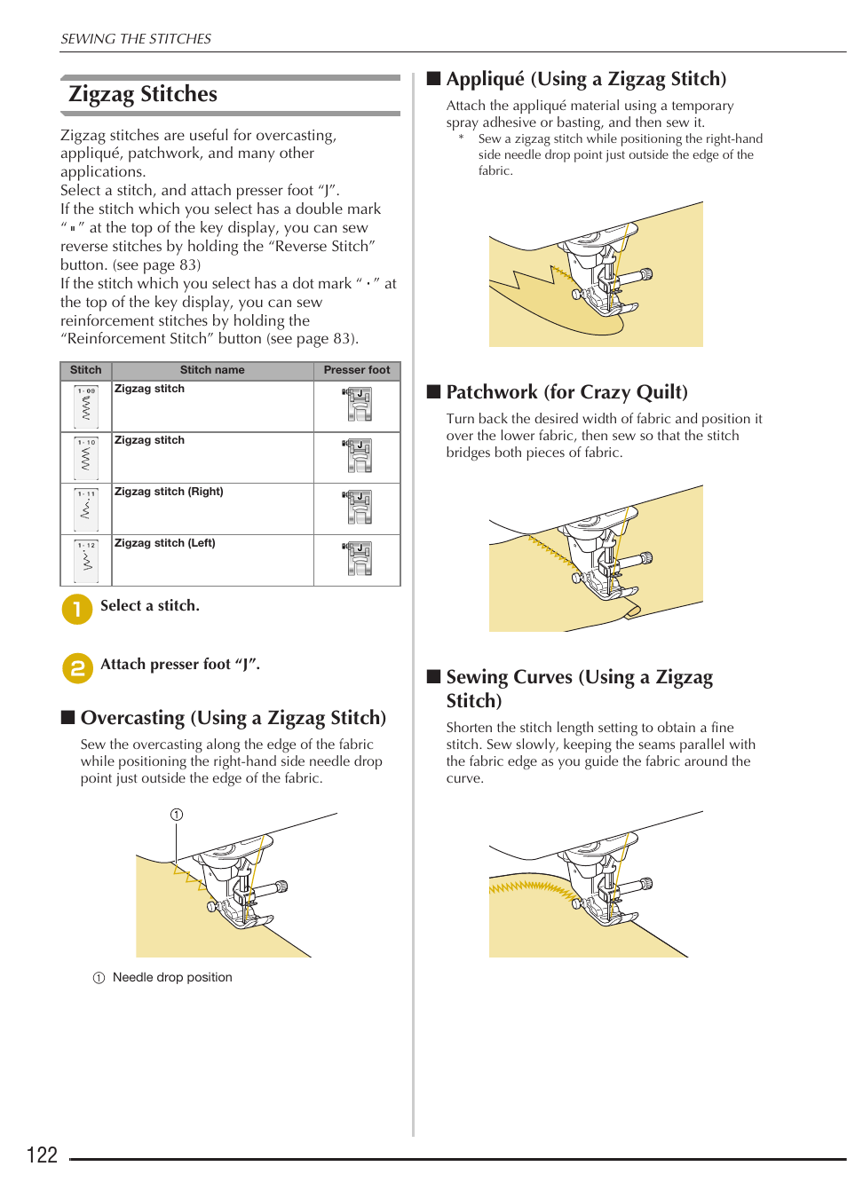 Zigzag stitches, Overcasting (using a zigzag stitch), Appliqué (using a zigzag stitch) | Patchwork (for crazy quilt), Sewing curves (using a zigzag stitch) | Baby Lock Destiny (BLDY) Instruction & Reference Guide-Part1 User Manual | Page 124 / 196
