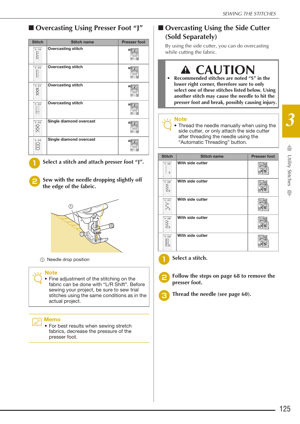 Caution, Overcasting using presser foot “j | Baby Lock Destiny (BLDY) Instruction & Reference Guide-Part1 User Manual | Page 127 / 196