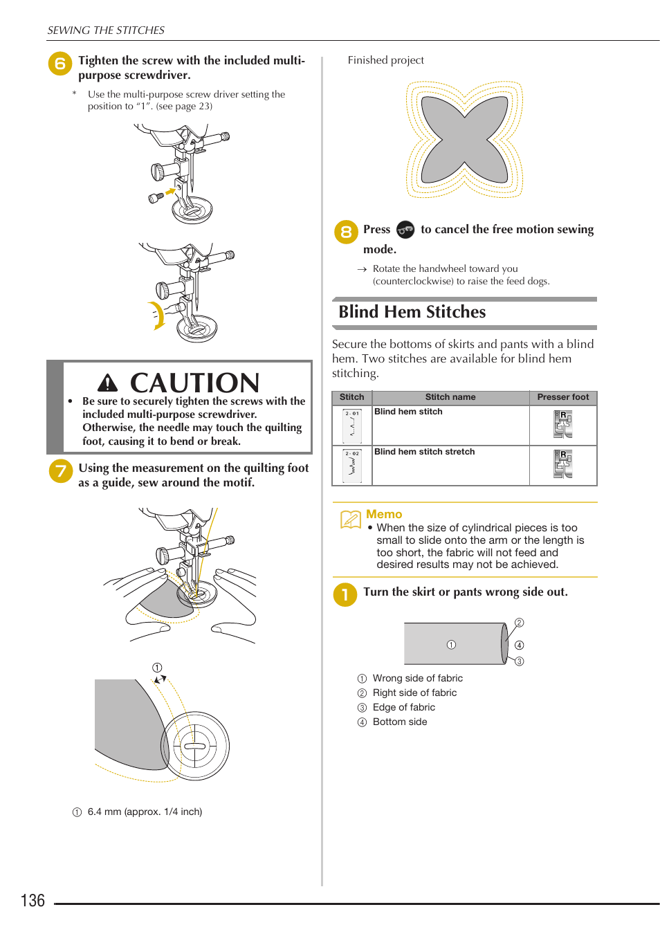 Caution, Blind hem stitches | Baby Lock Destiny (BLDY) Instruction & Reference Guide-Part1 User Manual | Page 138 / 196