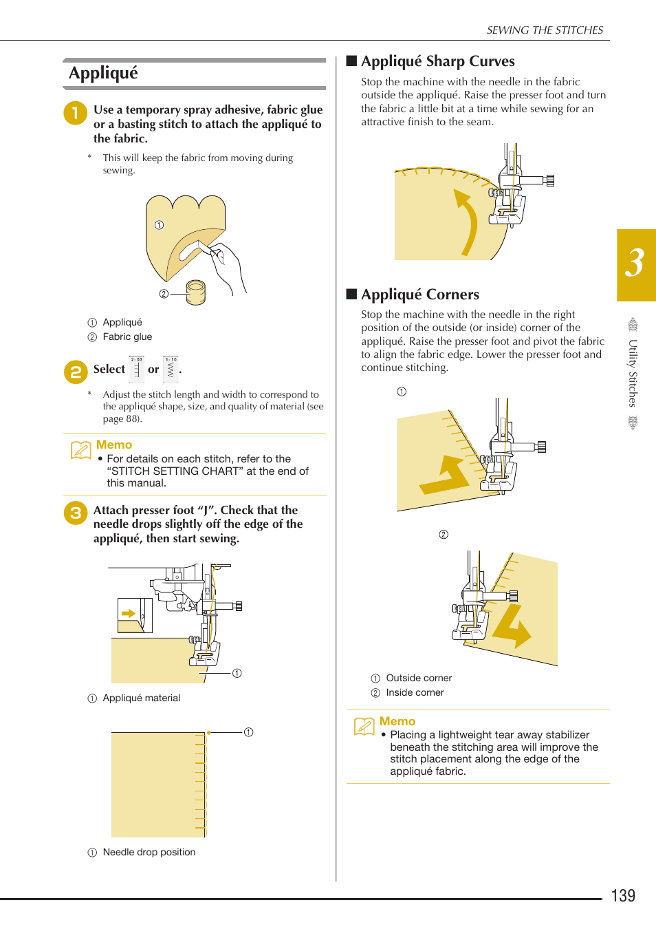 Appliqué, Appliqué sharp curves, Appliqué corners | Baby Lock Destiny (BLDY) Instruction & Reference Guide-Part1 User Manual | Page 141 / 196