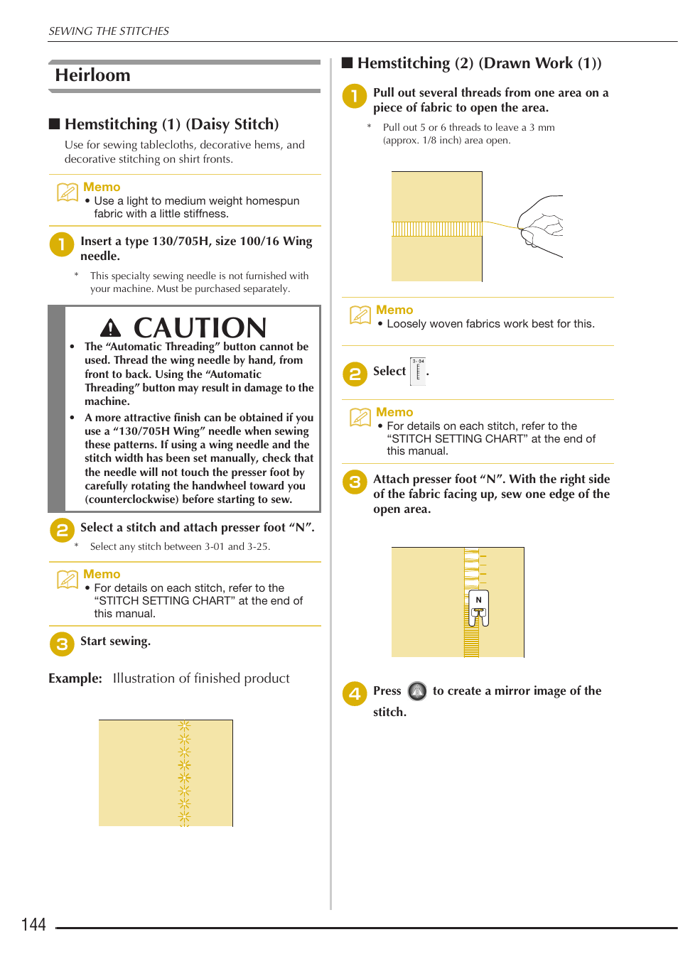 Caution, Heirloom, Hemstitching (1) (daisy stitch) | Hemstitching (2) (drawn work (1)) | Baby Lock Destiny (BLDY) Instruction & Reference Guide-Part1 User Manual | Page 146 / 196