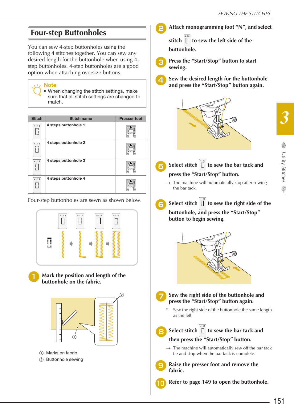 Four-step buttonholes | Baby Lock Destiny (BLDY) Instruction & Reference Guide-Part1 User Manual | Page 153 / 196