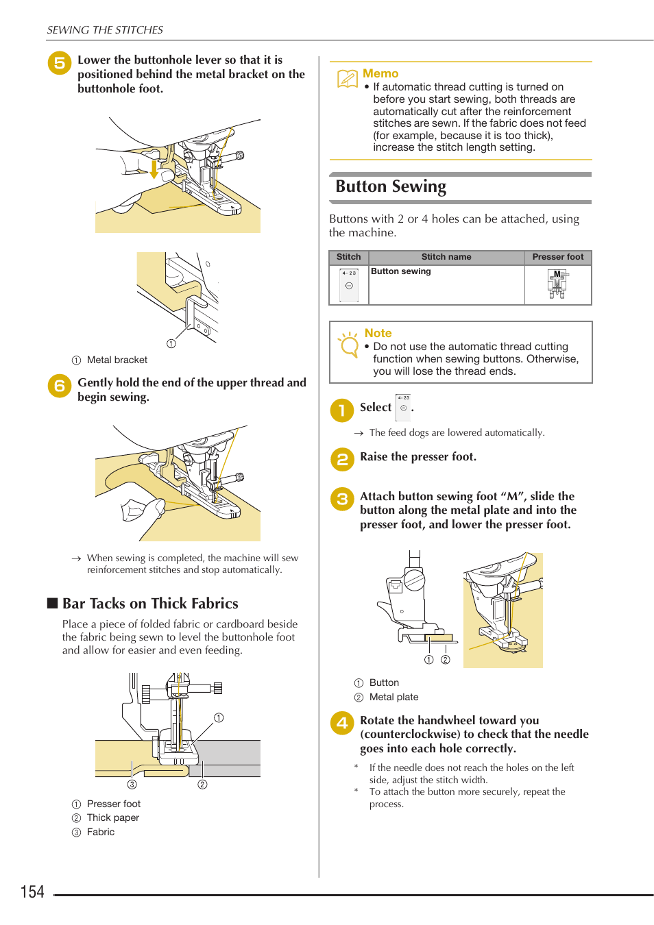 Button sewing, Bar tacks on thick fabrics | Baby Lock Destiny (BLDY) Instruction & Reference Guide-Part1 User Manual | Page 156 / 196