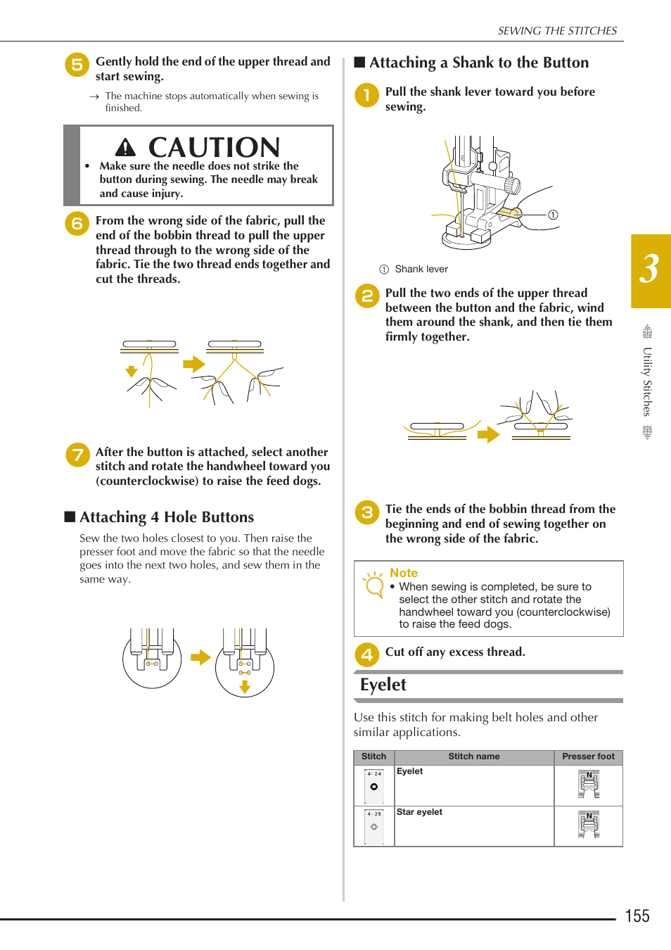 Caution, Eyelet, Attaching 4 hole buttons | Attaching a shank to the button | Baby Lock Destiny (BLDY) Instruction & Reference Guide-Part1 User Manual | Page 157 / 196