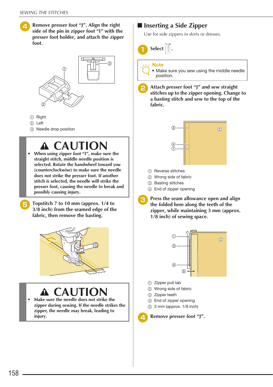 Caution, Inserting a side zipper | Baby Lock Destiny (BLDY) Instruction & Reference Guide-Part1 User Manual | Page 160 / 196