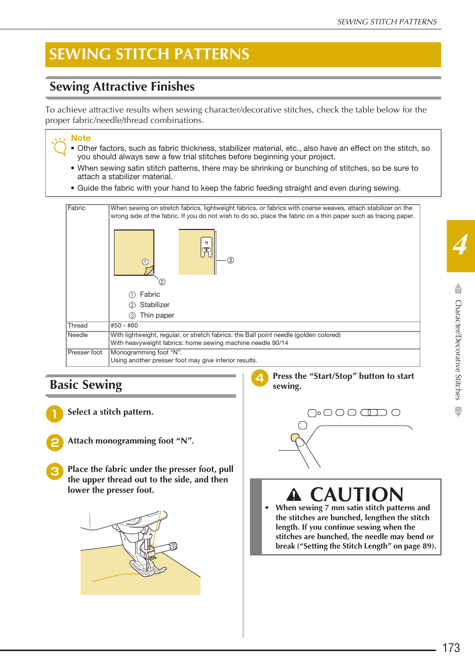 Caution, Sewing stitch patterns, Sewing attractive finishes | Basic sewing | Baby Lock Destiny (BLDY) Instruction & Reference Guide-Part1 User Manual | Page 175 / 196